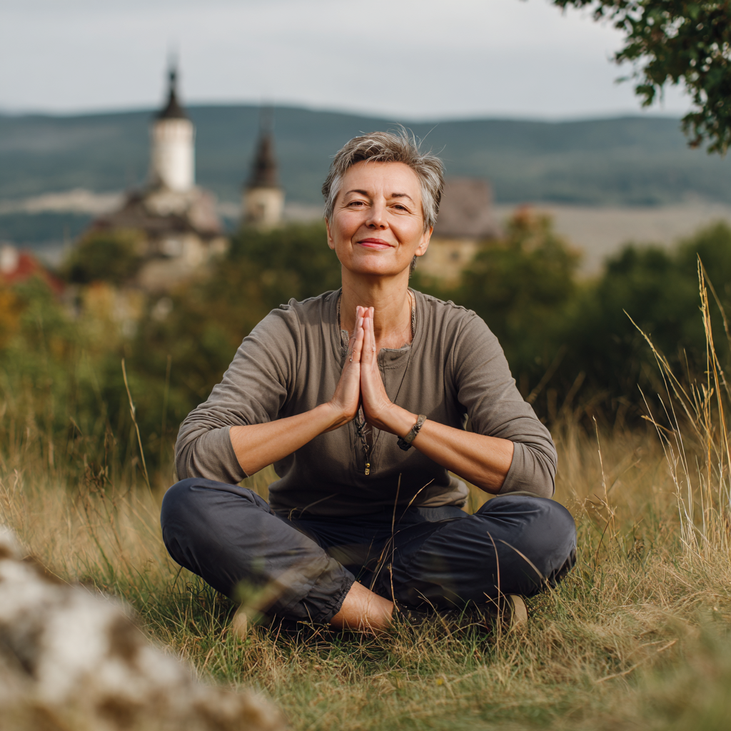 Spokojna kobieta praktykująca jogę o świcie w malowniczym polskim krajobrazie