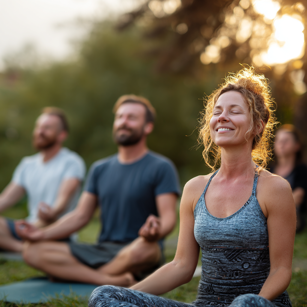 Uśmiechnięta kobieta w średnim wieku pijąca wodę po ćwiczeniach jogi w naturalnym otoczeniu